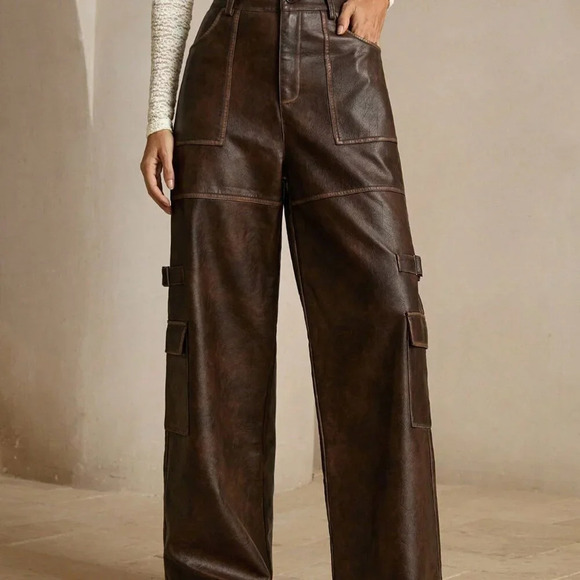 Coffee Brown Casual Women's Merlot Vintage Distressed Faux Cargo Pants - Picture 2 of 6